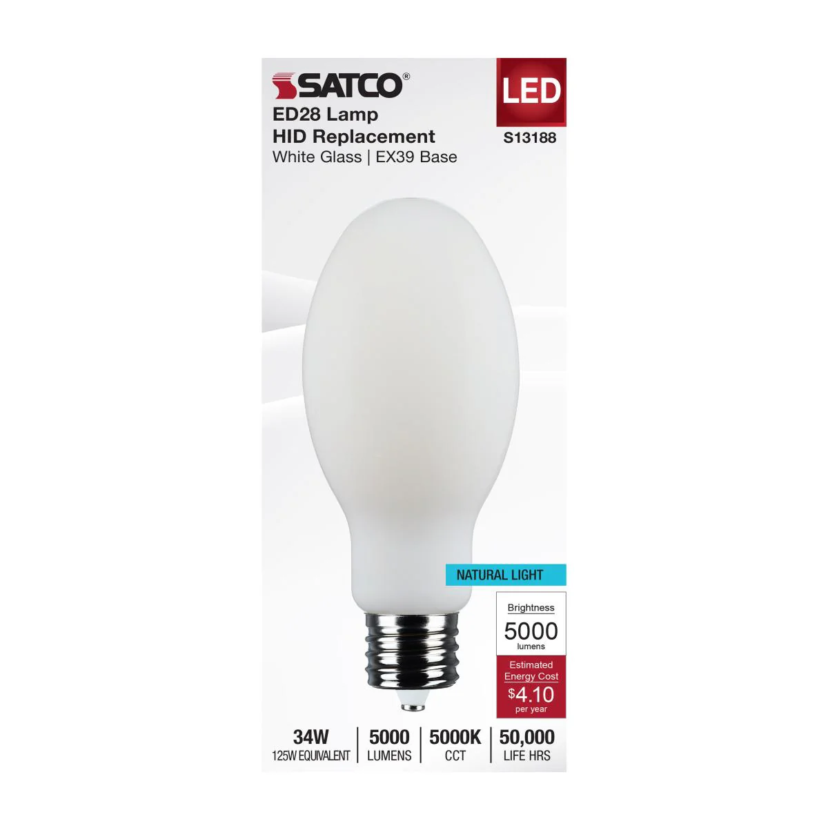Satco 34w LED HID Replacement ED28 5000K EX39l Base 120-277v White Finish Bulb - Image 3