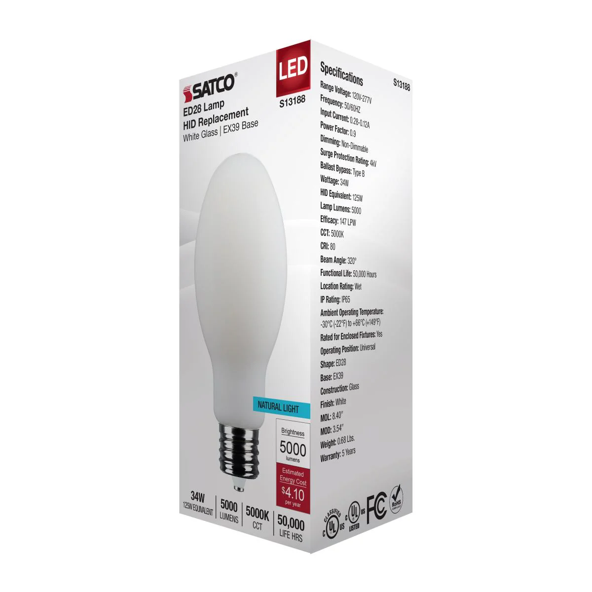 Satco 34w LED HID Replacement ED28 5000K EX39l Base 120-277v White Finish Bulb - Image 5