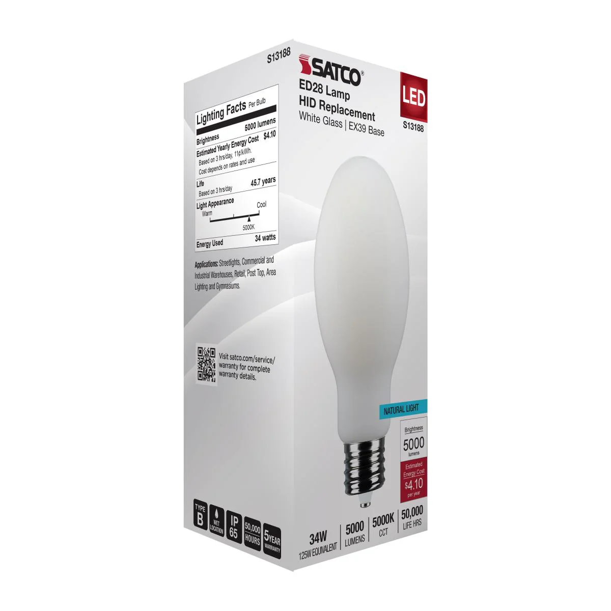 Satco 34w LED HID Replacement ED28 5000K EX39l Base 120-277v White Finish Bulb - Image 6