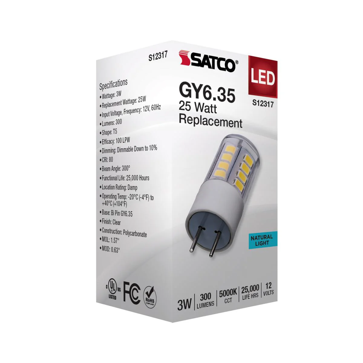 Satco 3w T5 LED 12v GY6.35 Base 5000K Clear Finish Bulb - Image 5
