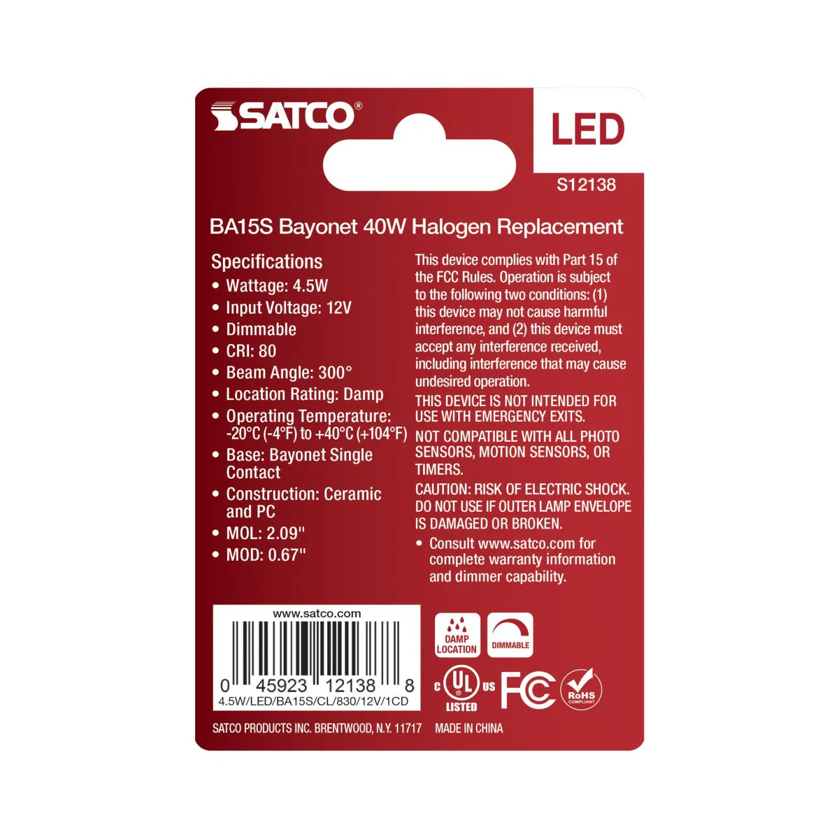 Satco 4.5w Mini LED BA15s Bayonet Single Contact 12v 3000K Clear Finish Bulb - Image 3