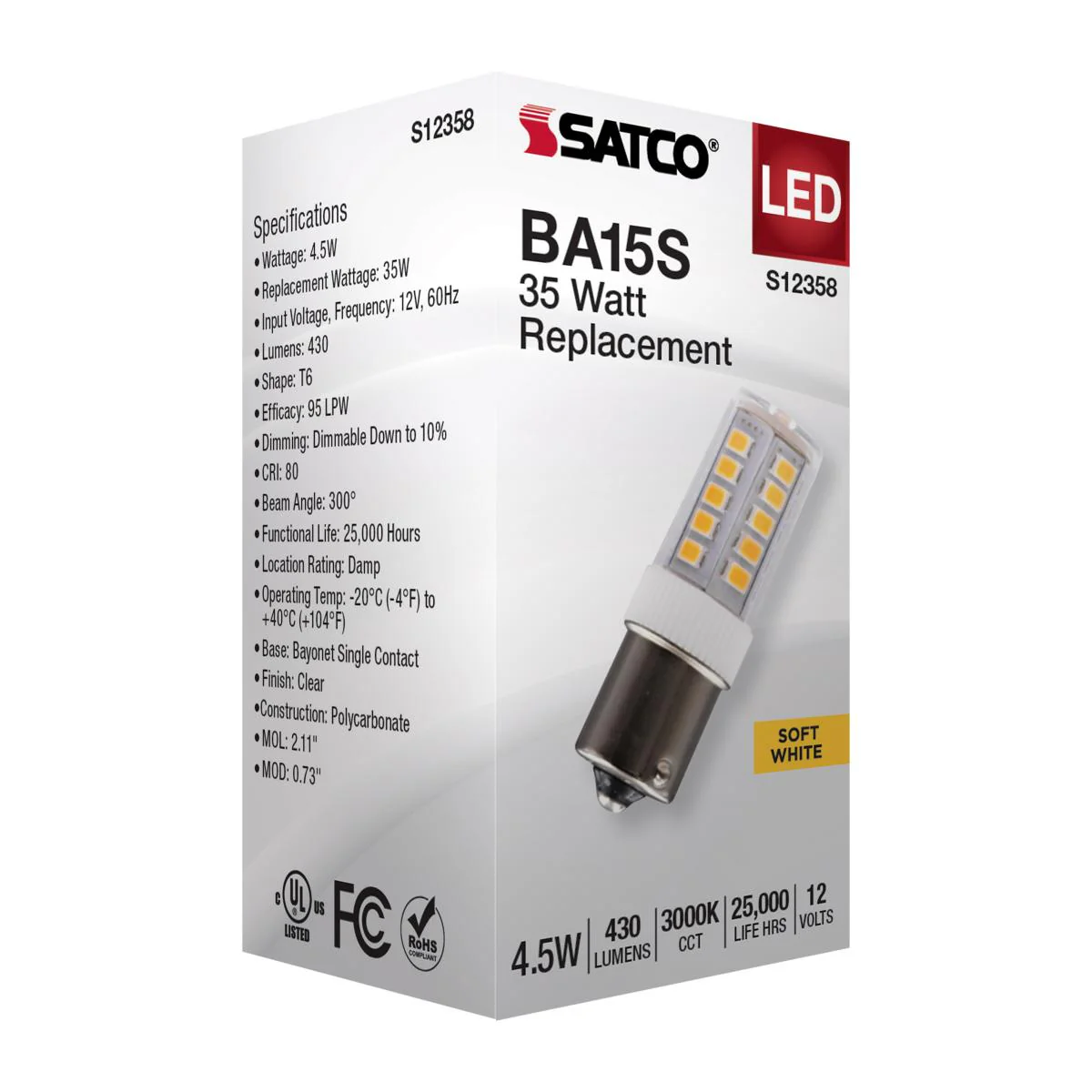 Satco 4.5w T6 LED 12v BA15s Base 3000K Clear Finish Bulb - Image 5