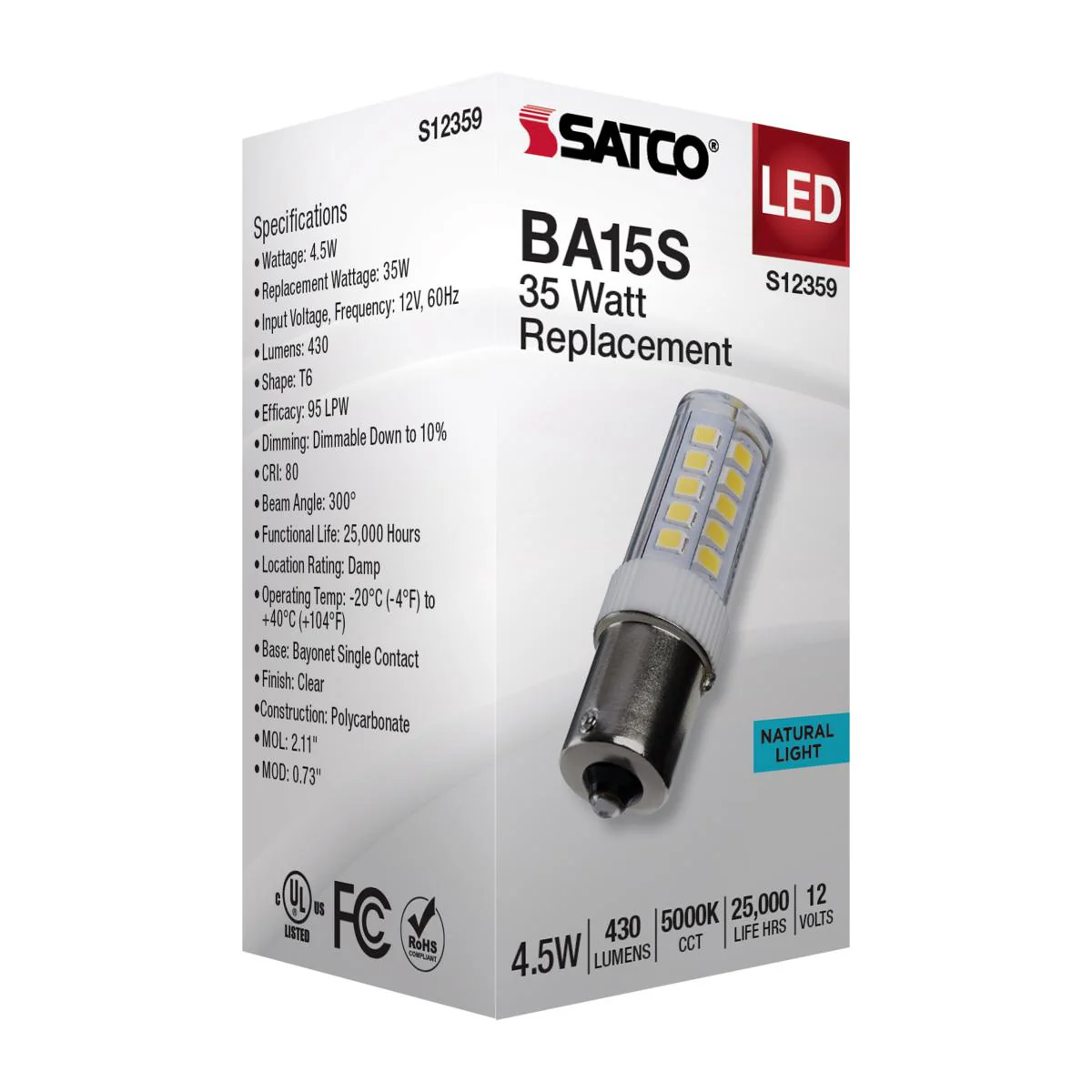 Satco 4.5w T6 LED 12v BA15s Base 5000K Clear Finish Bulb - Image 5