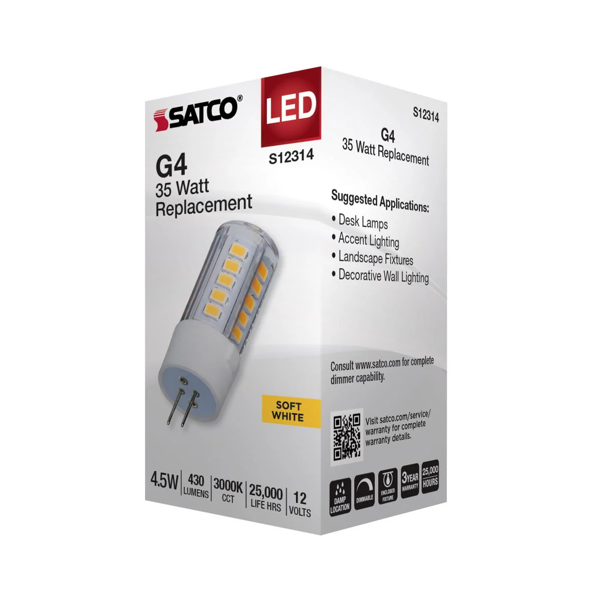 Satco 4.5w T6 LED 12v Bi Pin G4 Base 3000K Clear Finish Bulb - Image 4