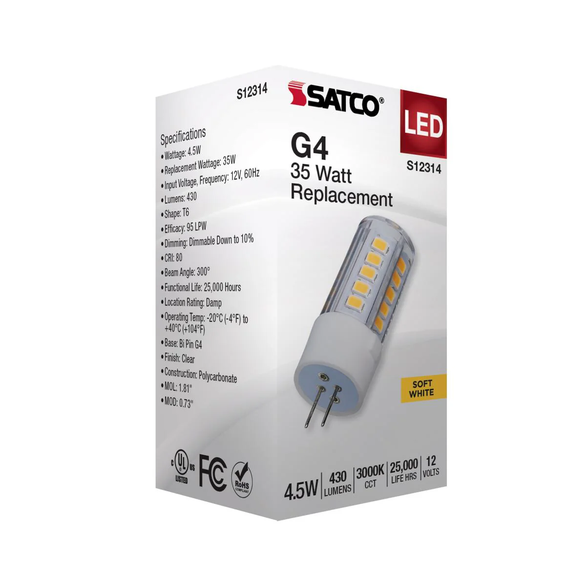 Satco 4.5w T6 LED 12v Bi Pin G4 Base 3000K Clear Finish Bulb - Image 5