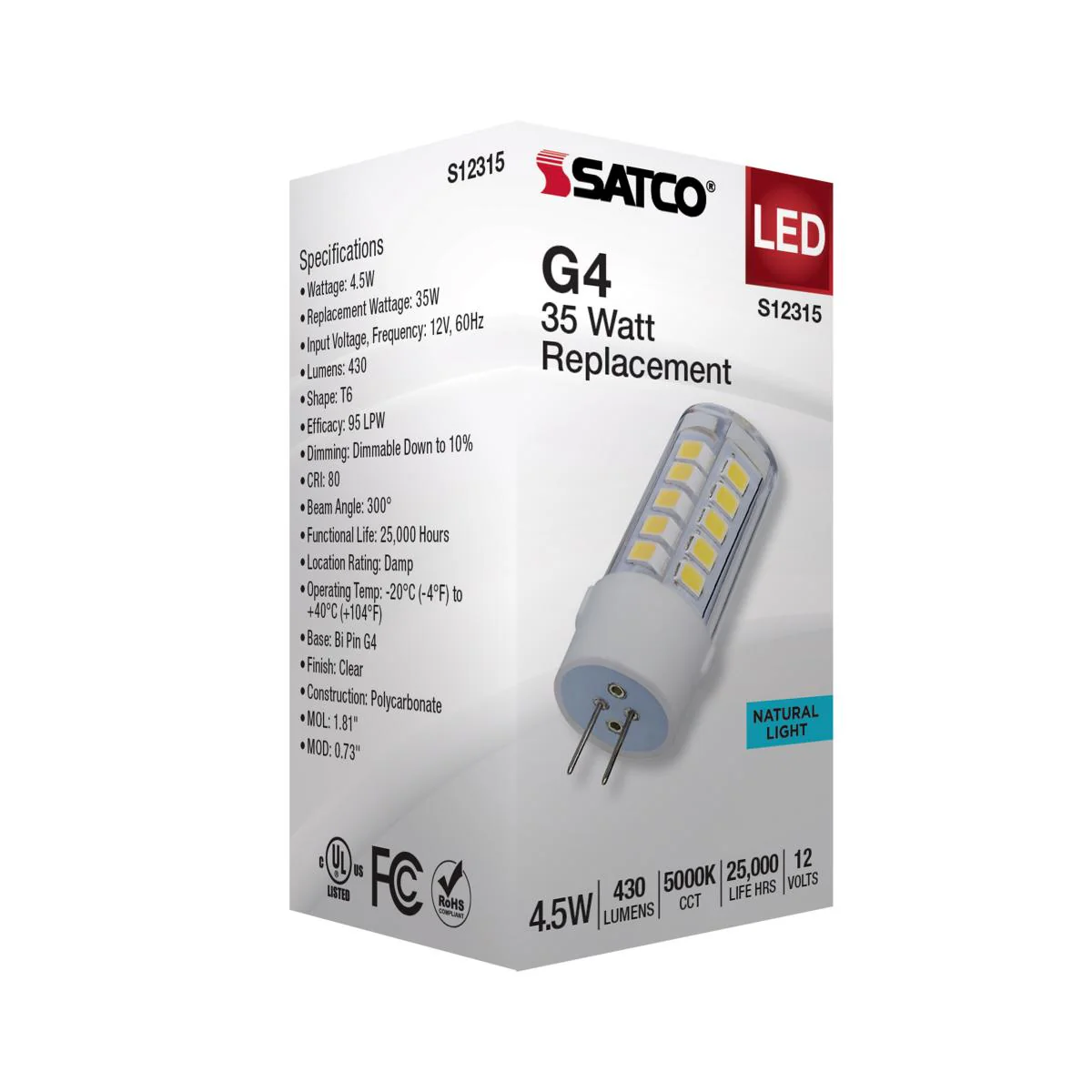 Satco 4.5w T6 LED 12v Bi Pin G4 Base 5000K Clear Finish Bulb - Image 5