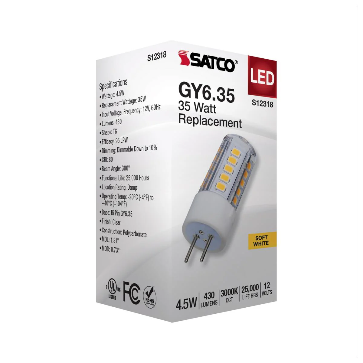 Satco 4.5w T6 LED 12v GY6.35 Base 3000K Clear Finish Bulb - Image 5