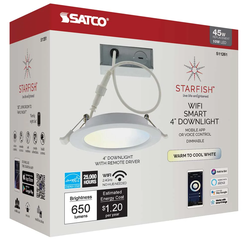 Wi-Fi 4in LED Tunable White - Edge-Lit Downlight 10w 650lm - Satco Starfish IOT - Image 3