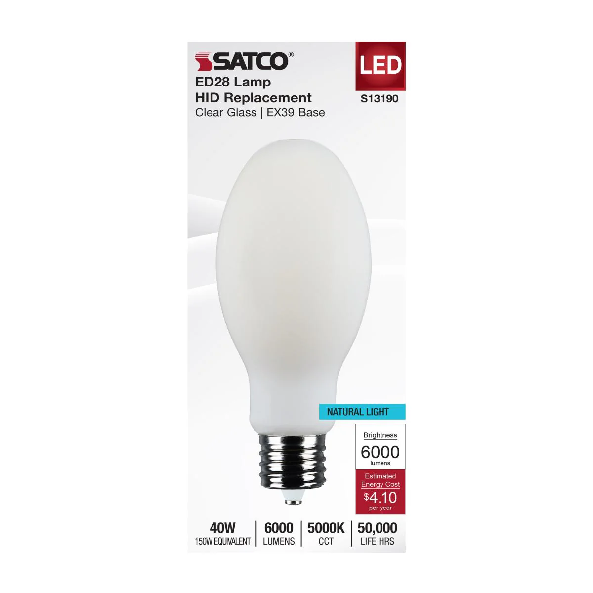 Satco 40w LED HID Replacement ED28 5000K EX39l Base 120-277v White Finish Bulb - Image 3