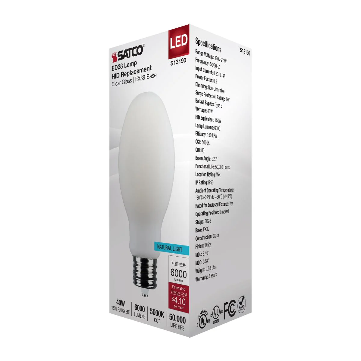 Satco 40w LED HID Replacement ED28 5000K EX39l Base 120-277v White Finish Bulb - Image 5