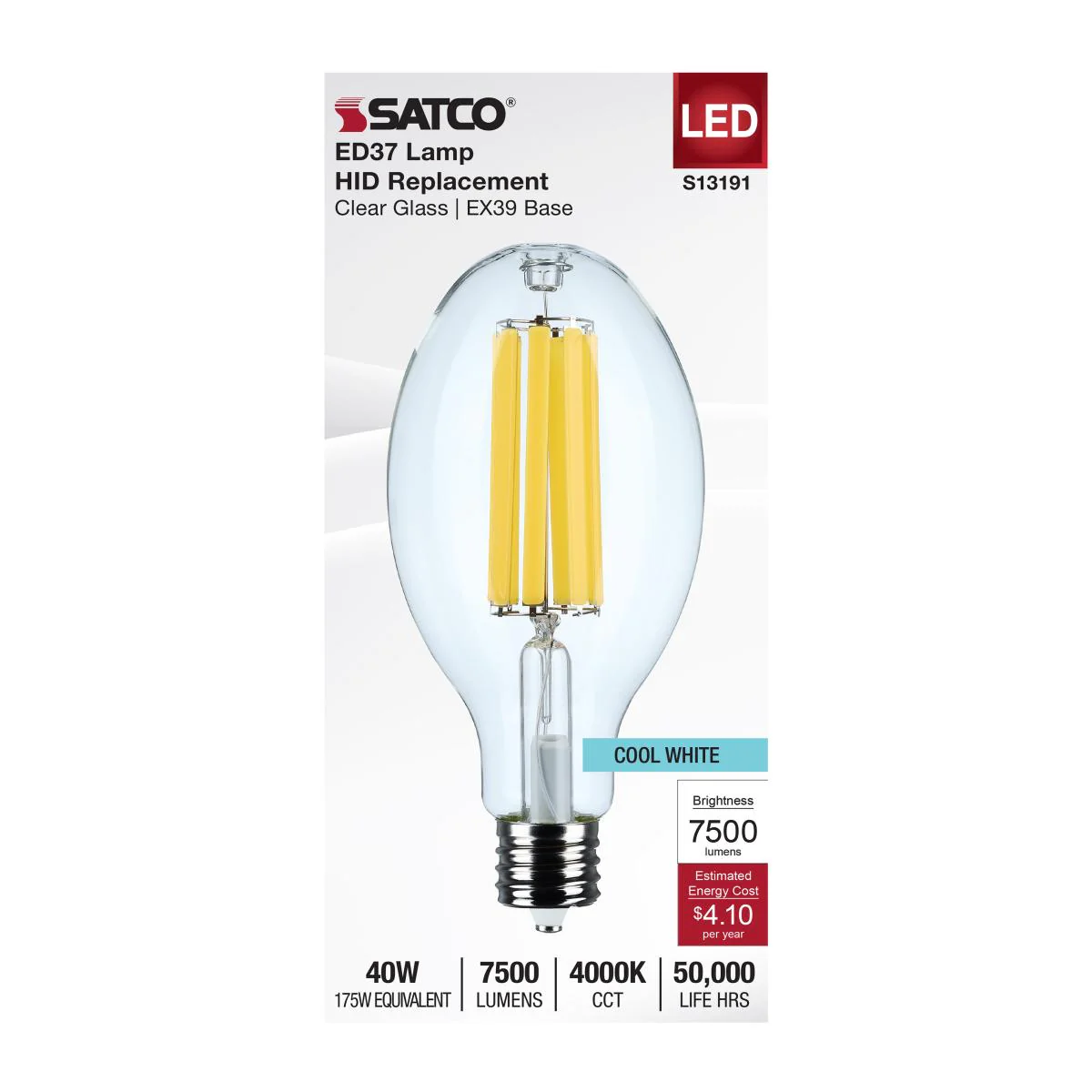 Satco 40w LED HID Replacement ED37 4000K EX39l Base 120-277v Clear Finish Bulb - Image 3