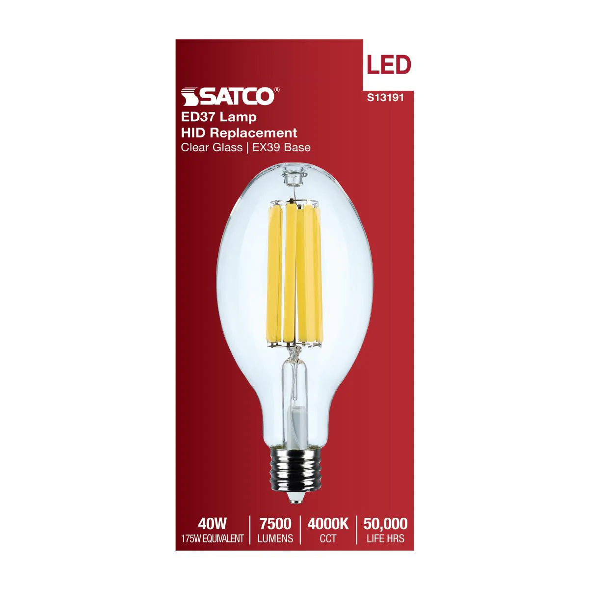Satco 40w LED HID Replacement ED37 4000K EX39l Base 120-277v Clear Finish Bulb - Image 4