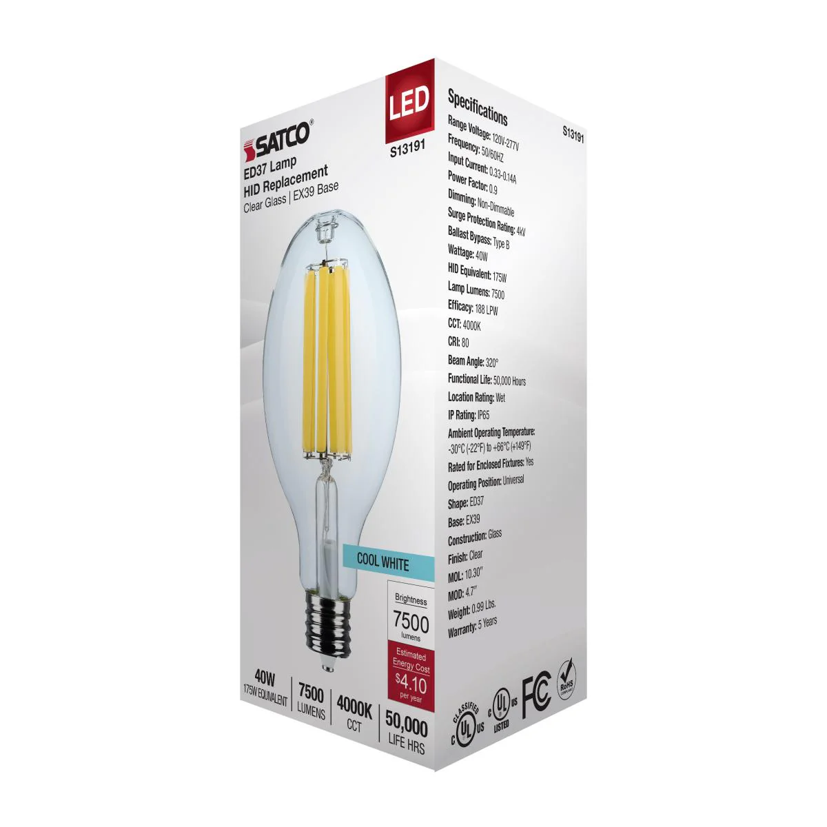 Satco 40w LED HID Replacement ED37 4000K EX39l Base 120-277v Clear Finish Bulb - Image 5