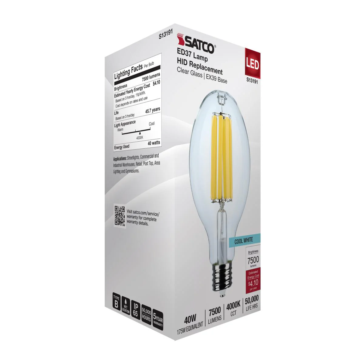 Satco 40w LED HID Replacement ED37 4000K EX39l Base 120-277v Clear Finish Bulb - Image 6