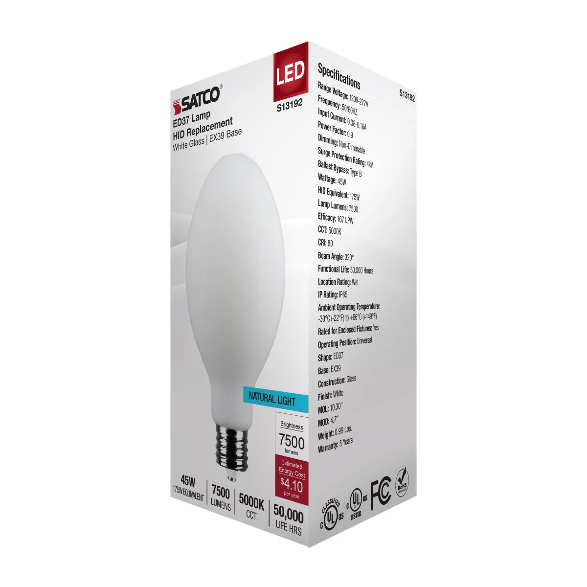 Satco 45w LED HID Replacement ED37 5000K EX39l Base 120-277v White Finish Bulb - Image 5