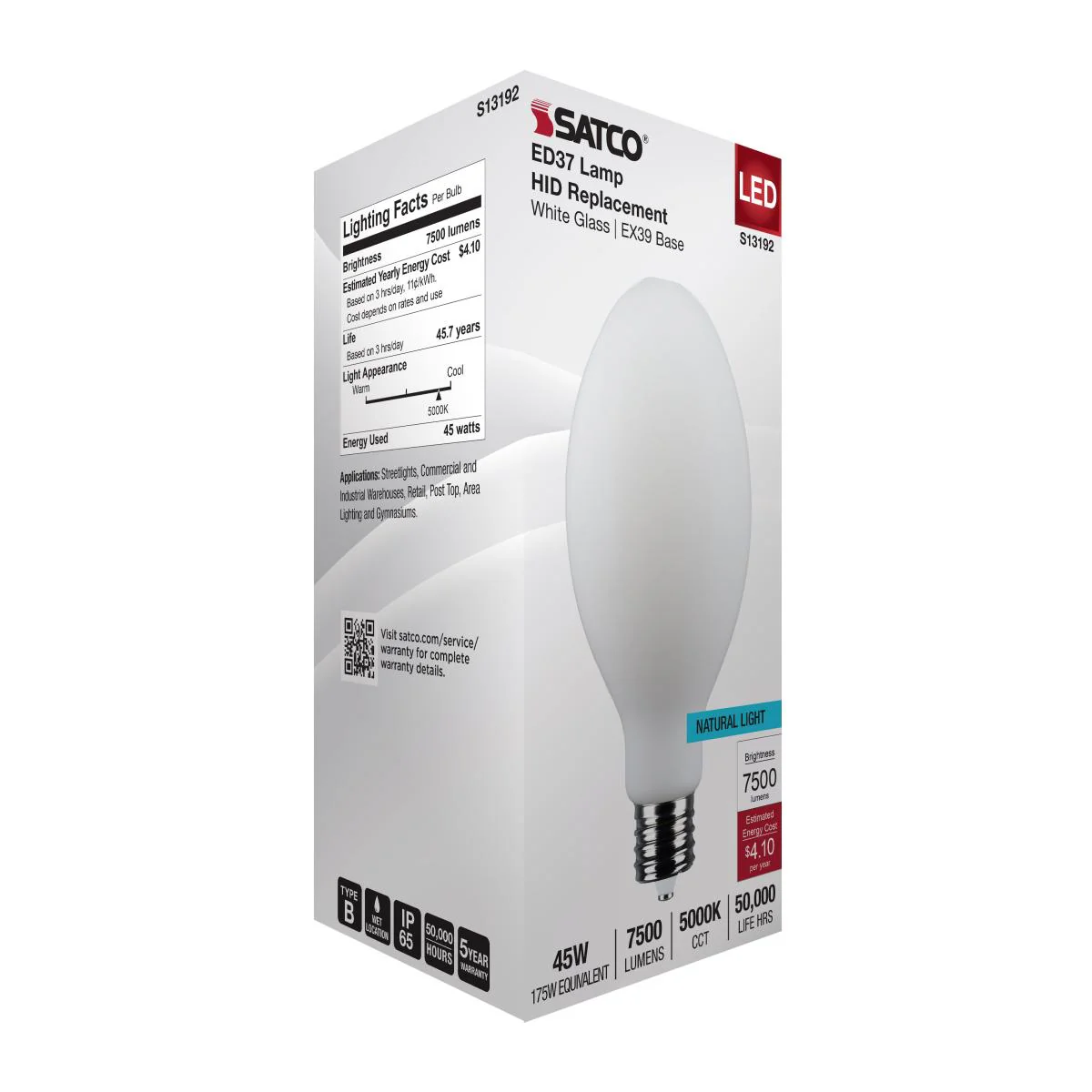 Satco 45w LED HID Replacement ED37 5000K EX39l Base 120-277v White Finish Bulb - Image 6