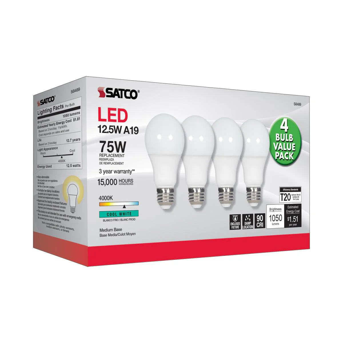 Satco 4Pk. 12.5w A19 LED 4000K Medium base 120 volts - Image 2