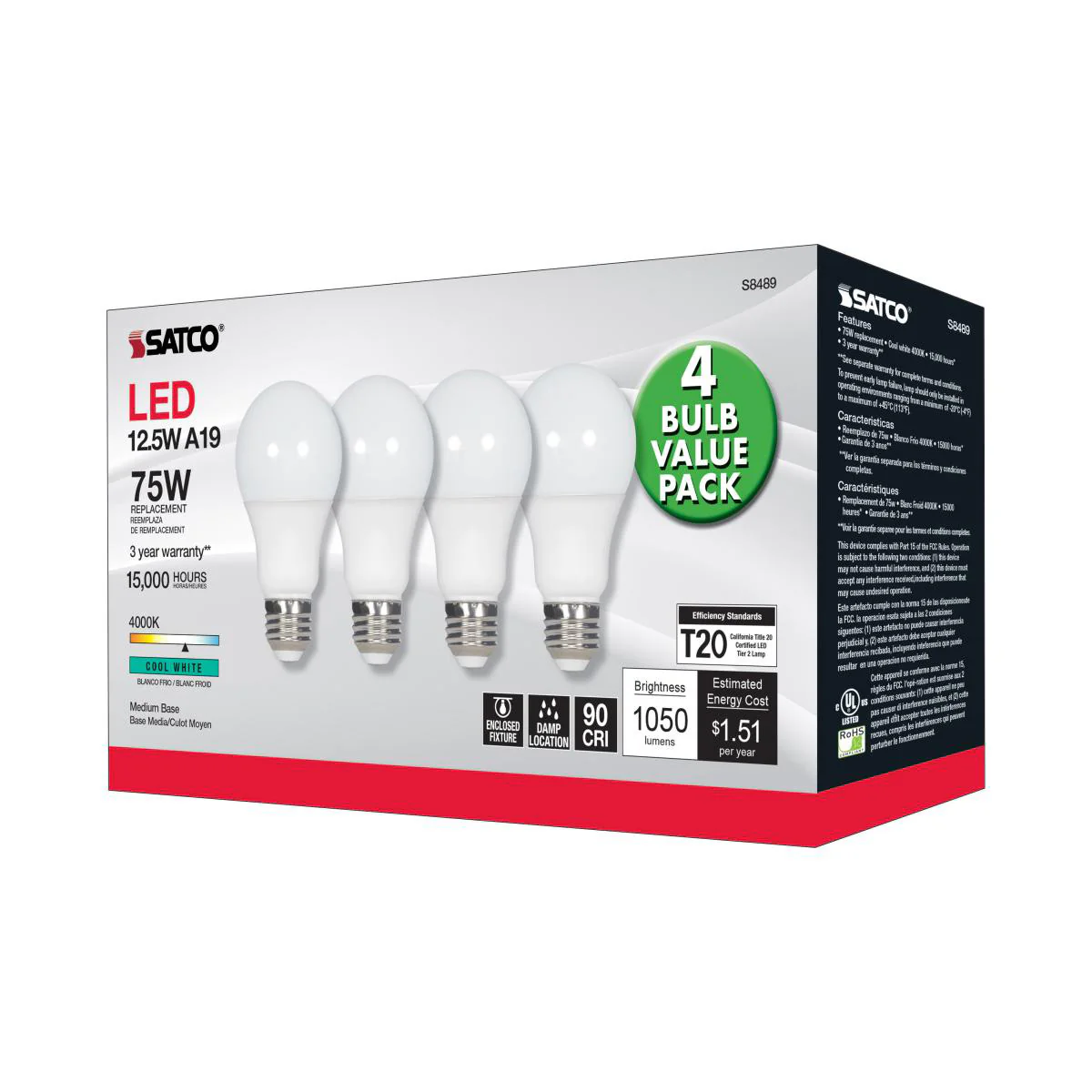 Satco 4Pk. 12.5w A19 LED 4000K Medium base 120 volts - Image 3