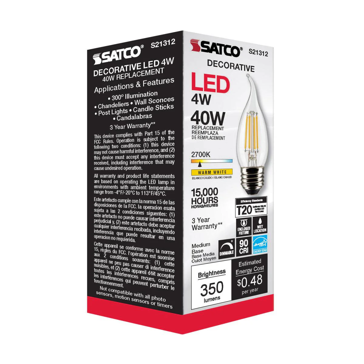 Satco 4w CA10 LED 2700K Medium Base Dimmable - 40w equiv - Image 4