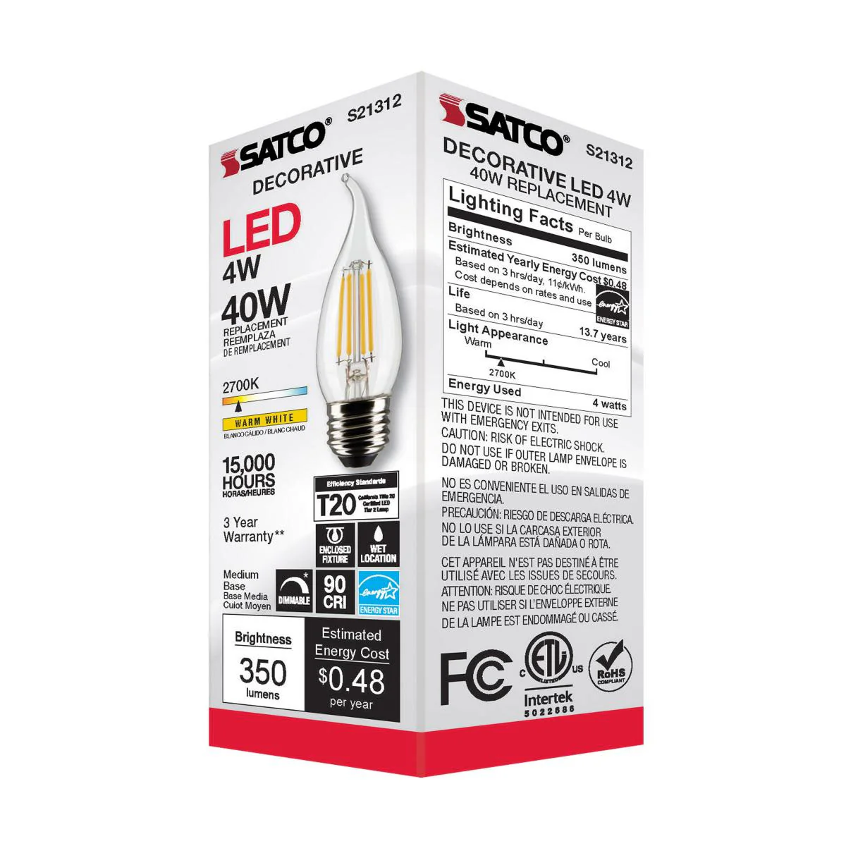 Satco 4w CA10 LED 2700K Medium Base Dimmable - 40w equiv - Image 5