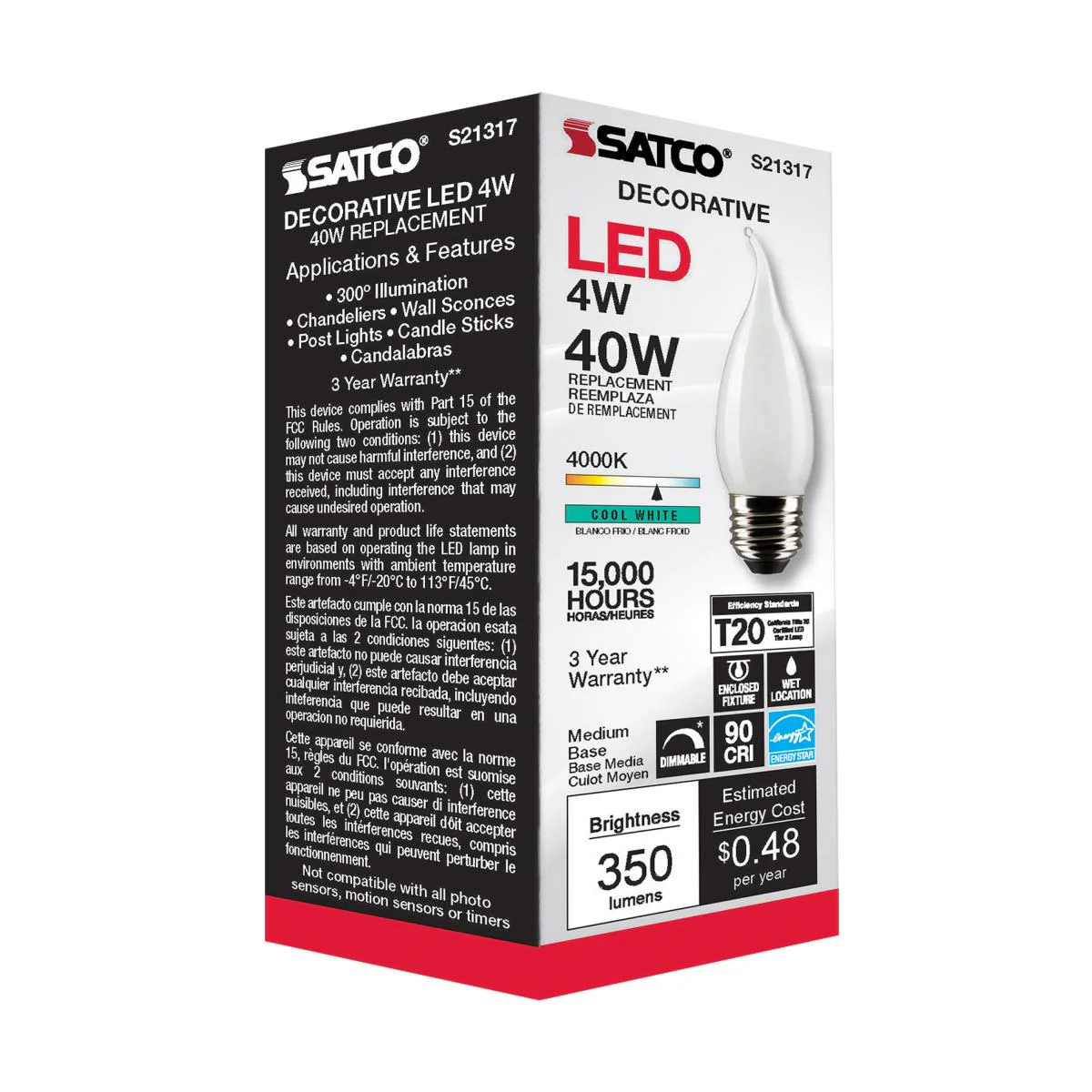 Satco 4w CA10 LED 4000K Medium Base Frosted Dimmable - 40w equiv - Image 3