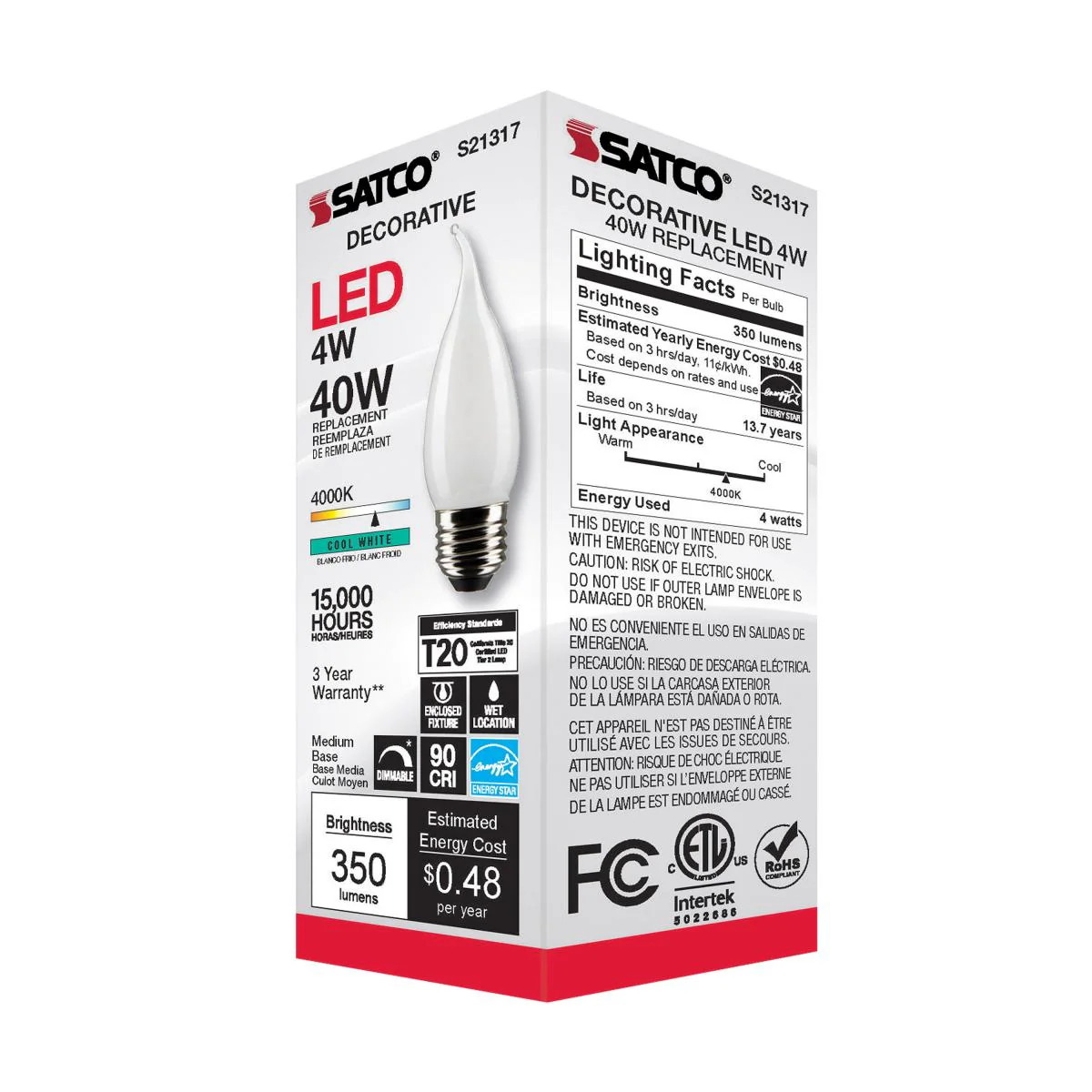 Satco 4w CA10 LED 4000K Medium Base Frosted Dimmable - 40w equiv - Image 4