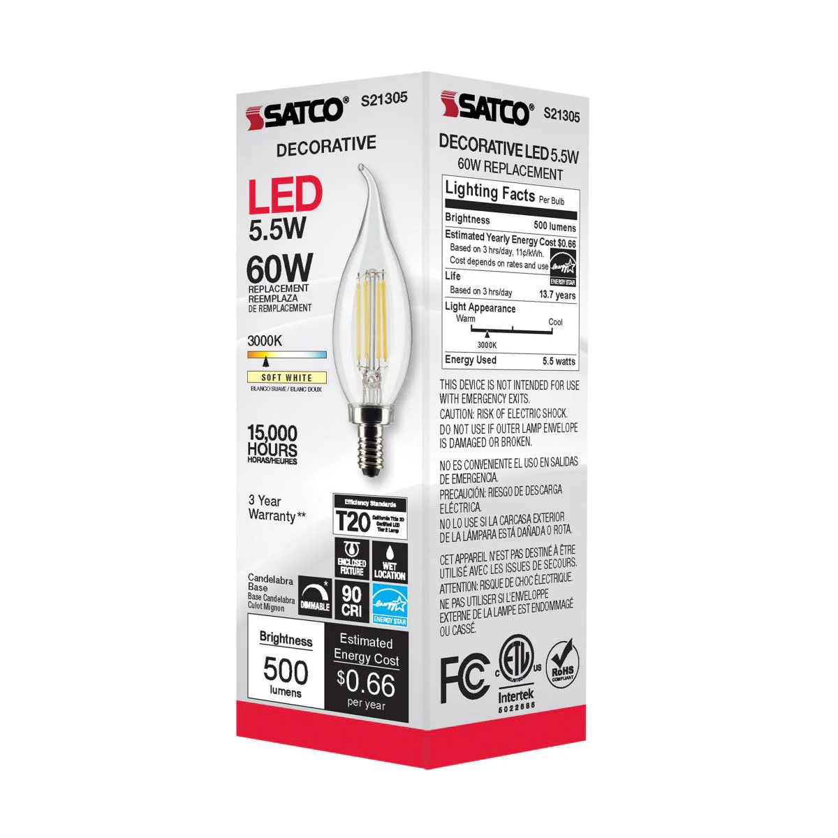 Satco 5.5w CA10 LED 3000K Candelabra Base Dimmable - 60w equiv - Image 4