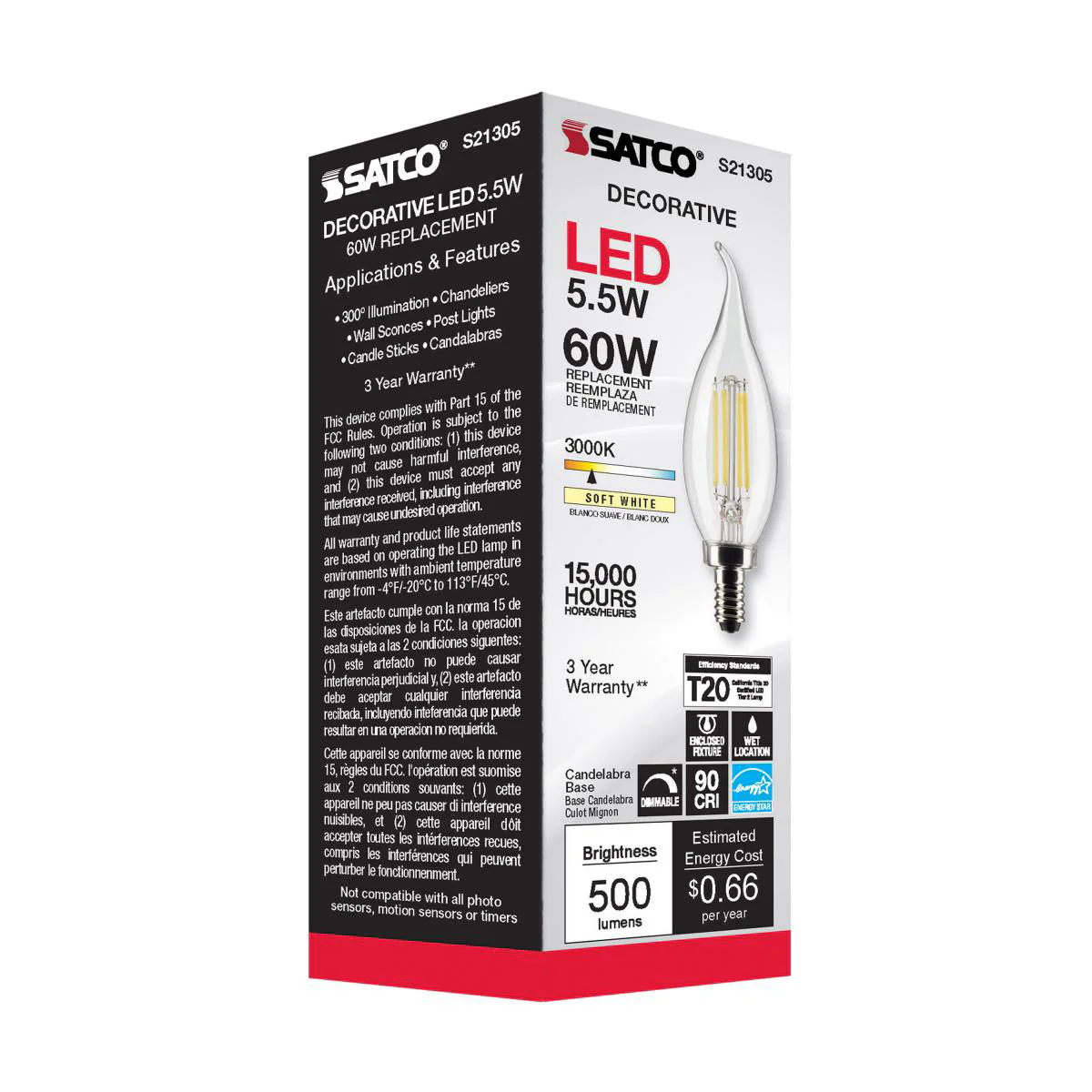Satco 5.5w CA10 LED 3000K Candelabra Base Dimmable - 60w equiv - Image 5