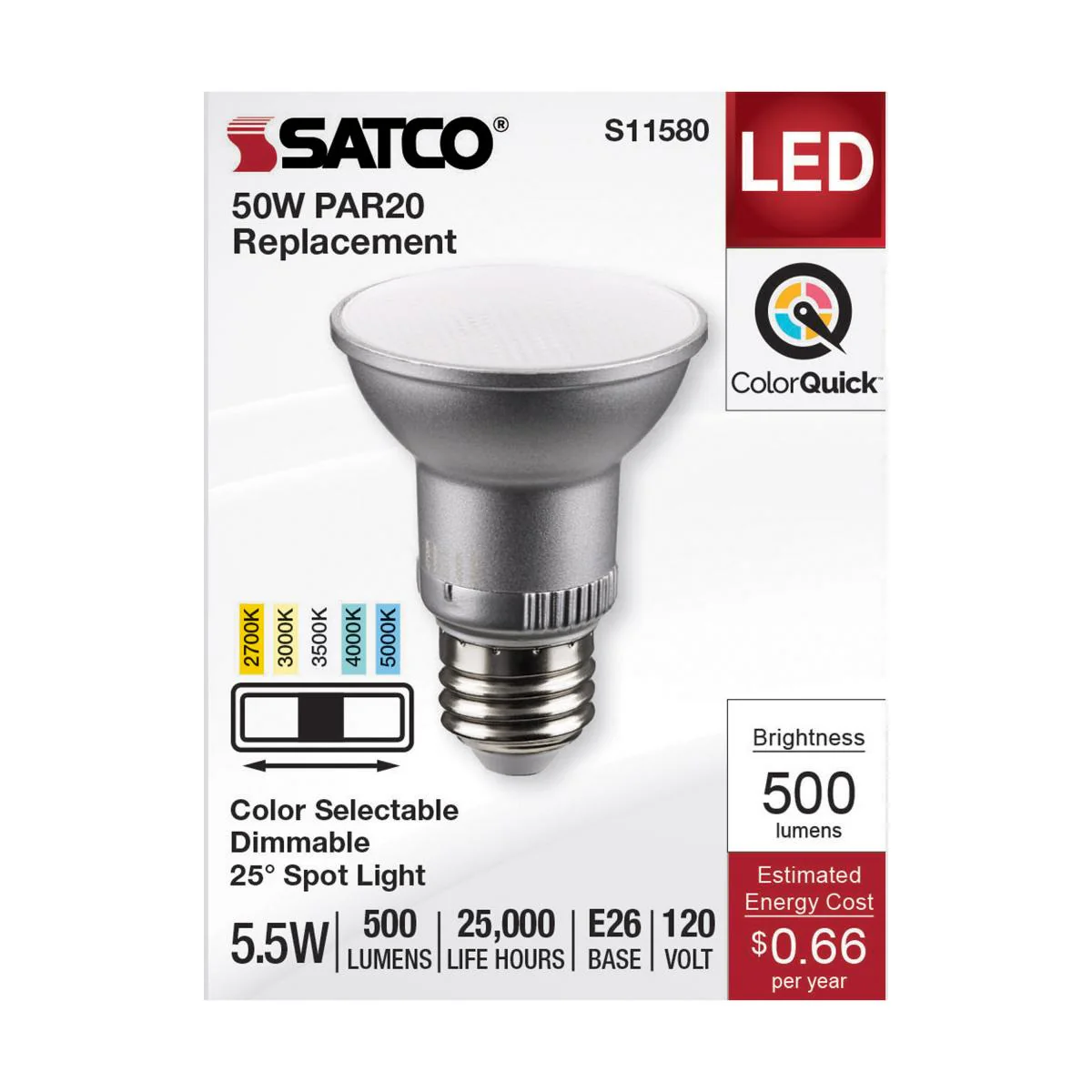 Satco 5.5w PAR20 LED E26 Base 25deg 120v CCT Selectable Silver Finish Bulb - Image 3