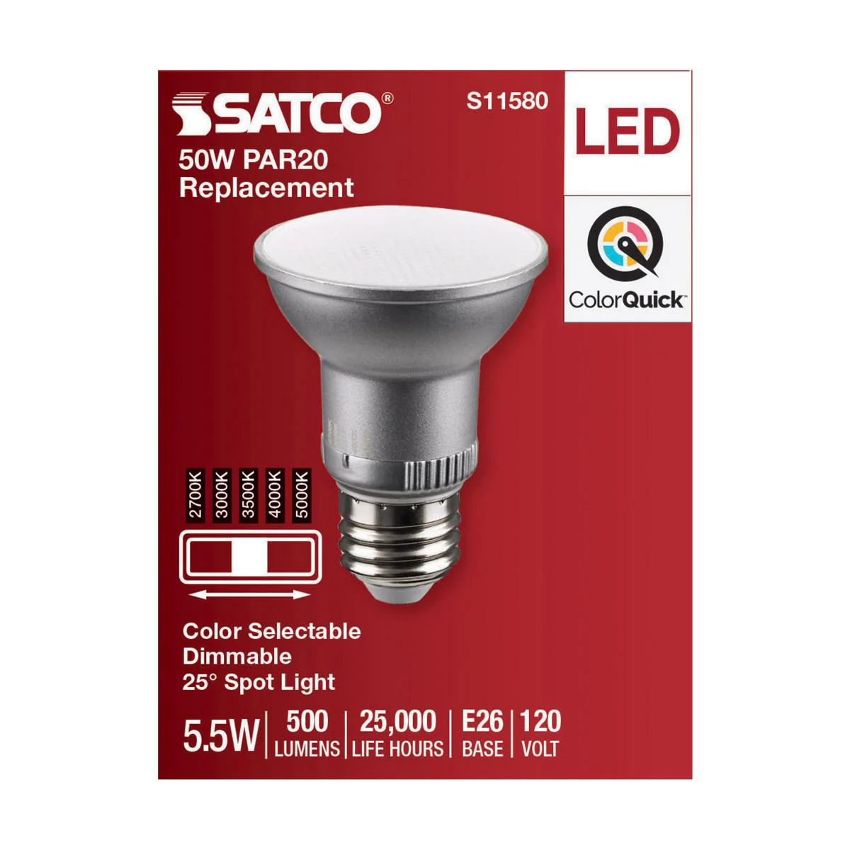 Satco 5.5w PAR20 LED E26 Base 25deg 120v CCT Selectable Silver Finish Bulb - Image 4