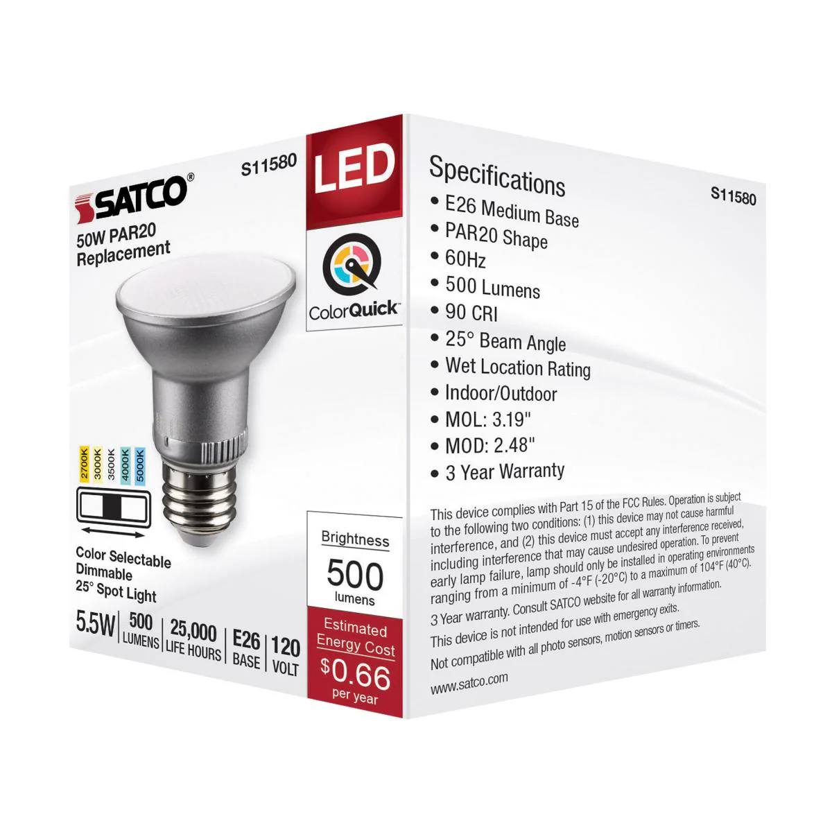 Satco 5.5w PAR20 LED E26 Base 25deg 120v CCT Selectable Silver Finish Bulb - Image 5