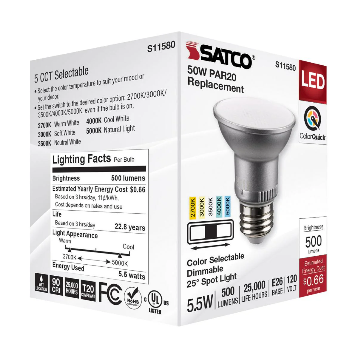 Satco 5.5w PAR20 LED E26 Base 25deg 120v CCT Selectable Silver Finish Bulb - Image 6