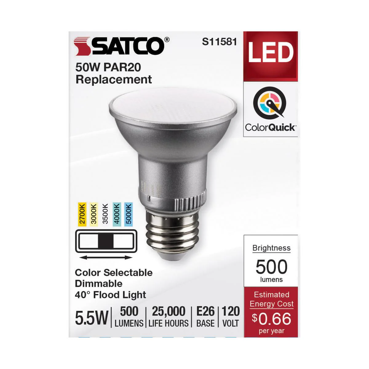 Satco 5.5w PAR20 LED E26 Base 40deg 120v CCT Selectable Silver Finish Bulb - Image 3