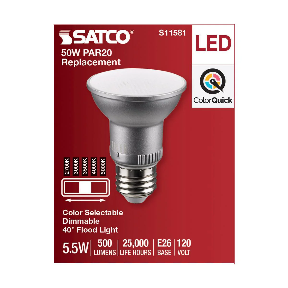 Satco 5.5w PAR20 LED E26 Base 40deg 120v CCT Selectable Silver Finish Bulb - Image 4