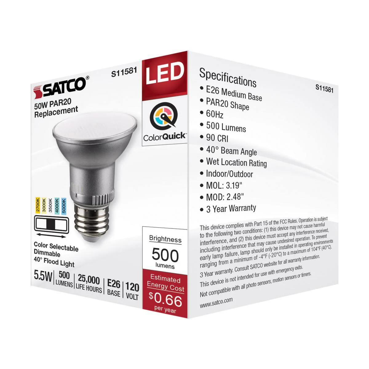 Satco 5.5w PAR20 LED E26 Base 40deg 120v CCT Selectable Silver Finish Bulb - Image 5