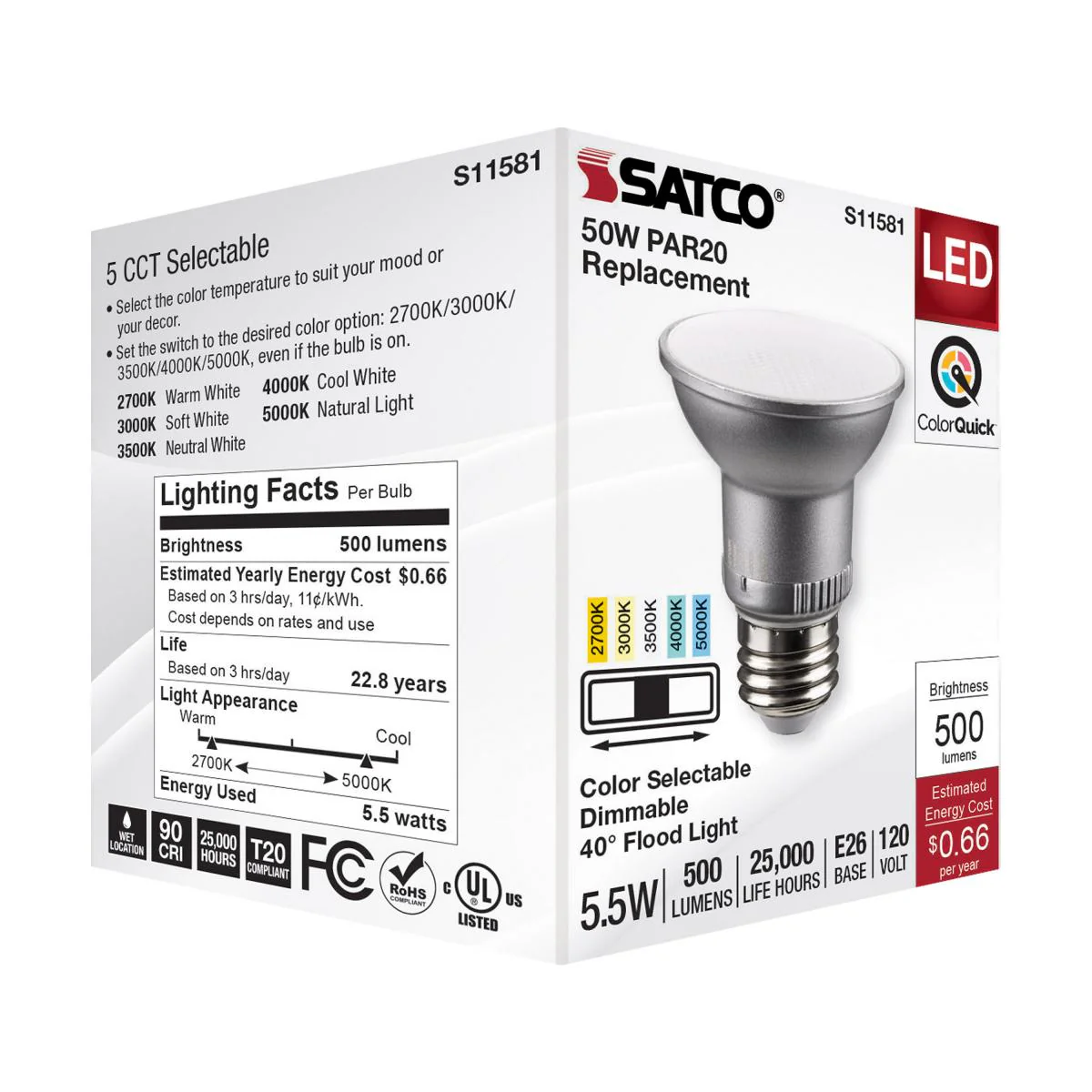 Satco 5.5w PAR20 LED E26 Base 40deg 120v CCT Selectable Silver Finish Bulb - Image 6