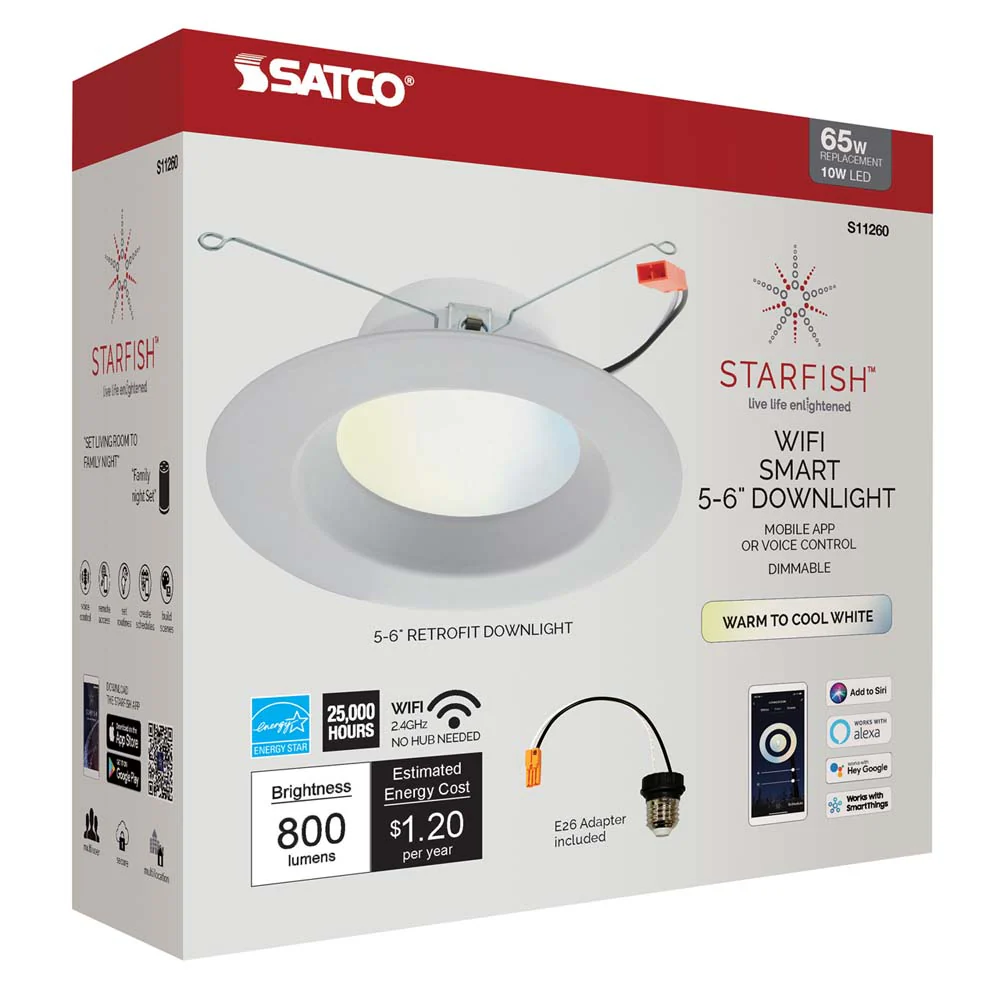 Wi-Fi 5-6in LED Tunable White 10w Recessed Downlight 800lm - Satco Starfish IOT - Image 3