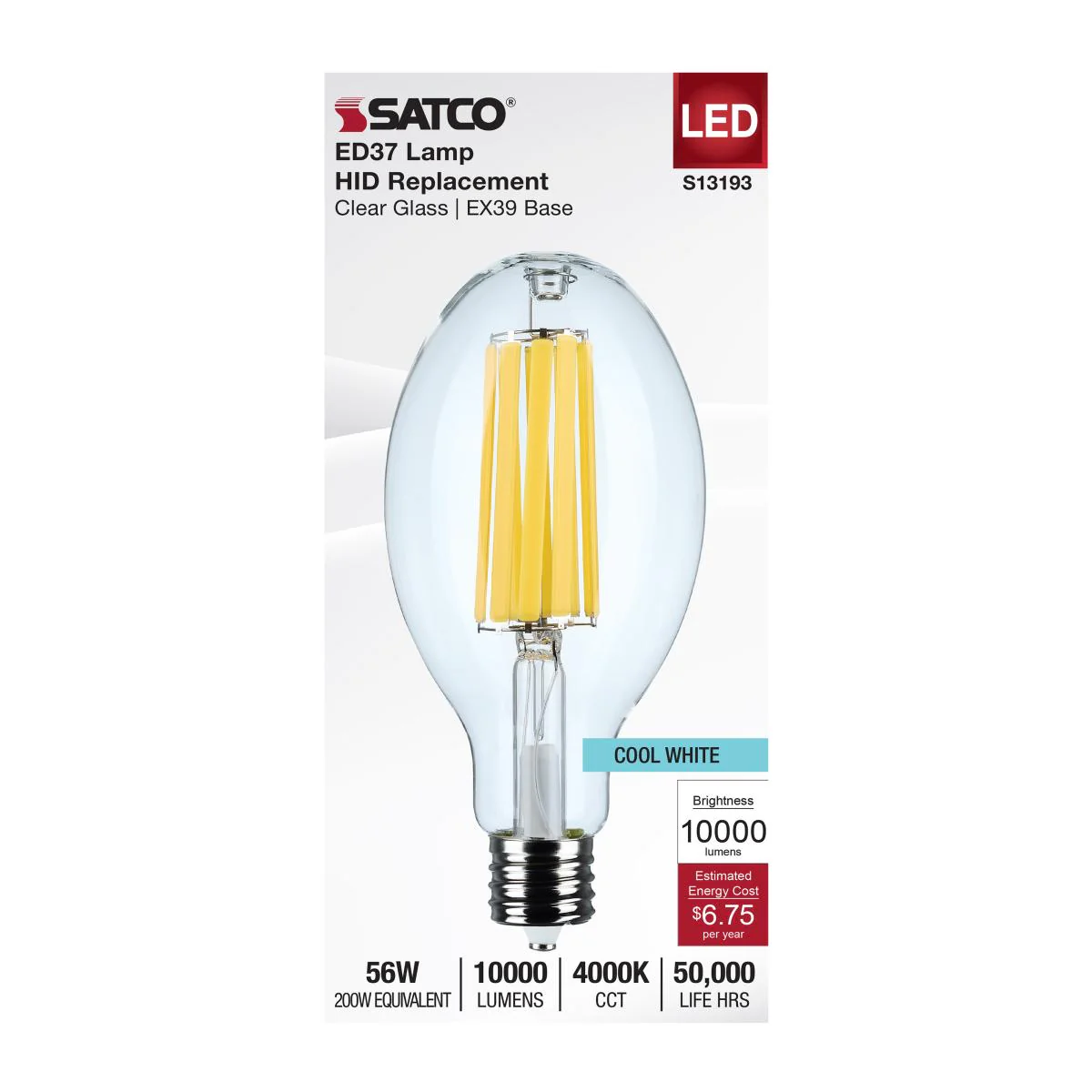 Satco 56w LED HID Replacement ED37 4000K EX39l Base 120-277v Clear Finish Bulb - Image 3