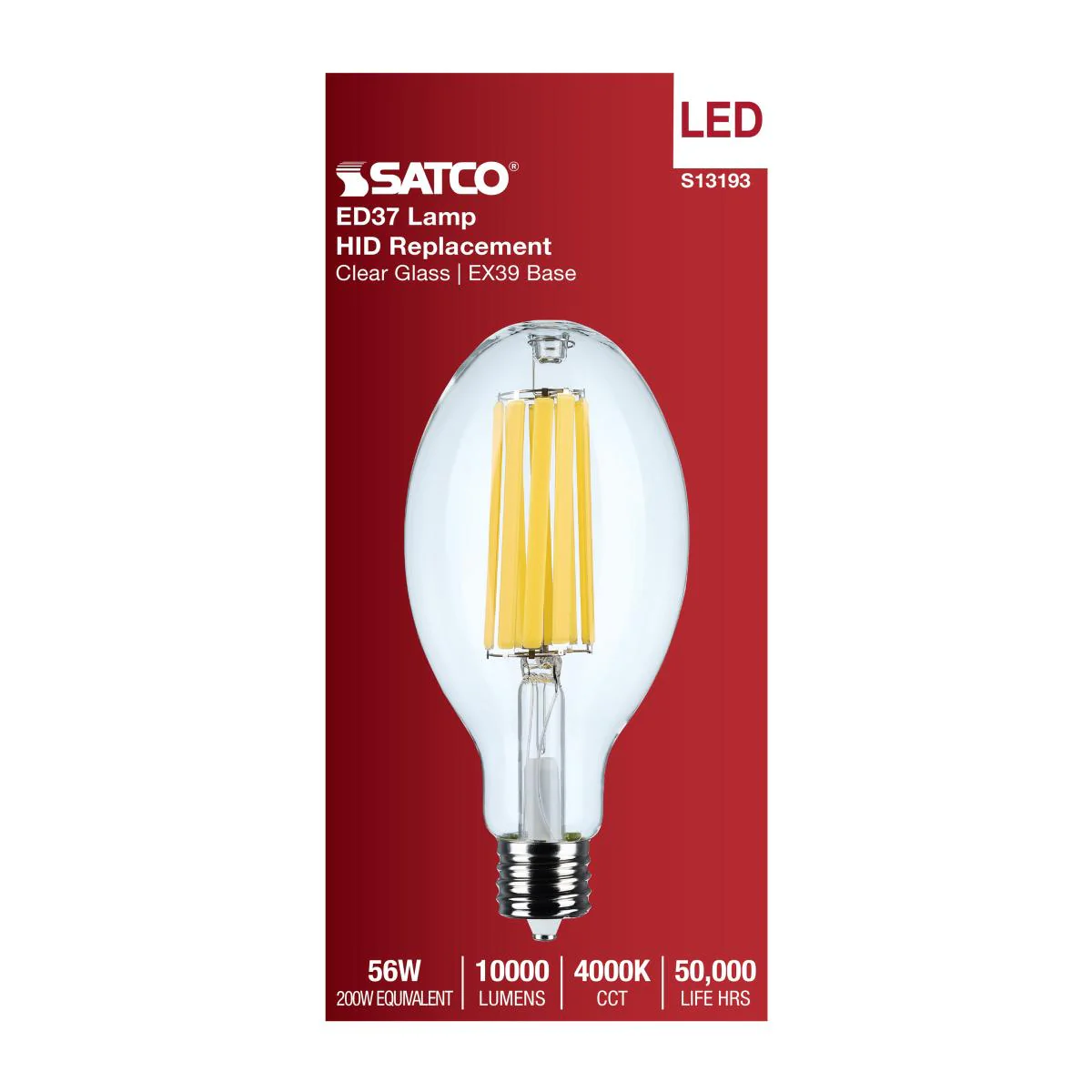 Satco 56w LED HID Replacement ED37 4000K EX39l Base 120-277v Clear Finish Bulb - Image 4
