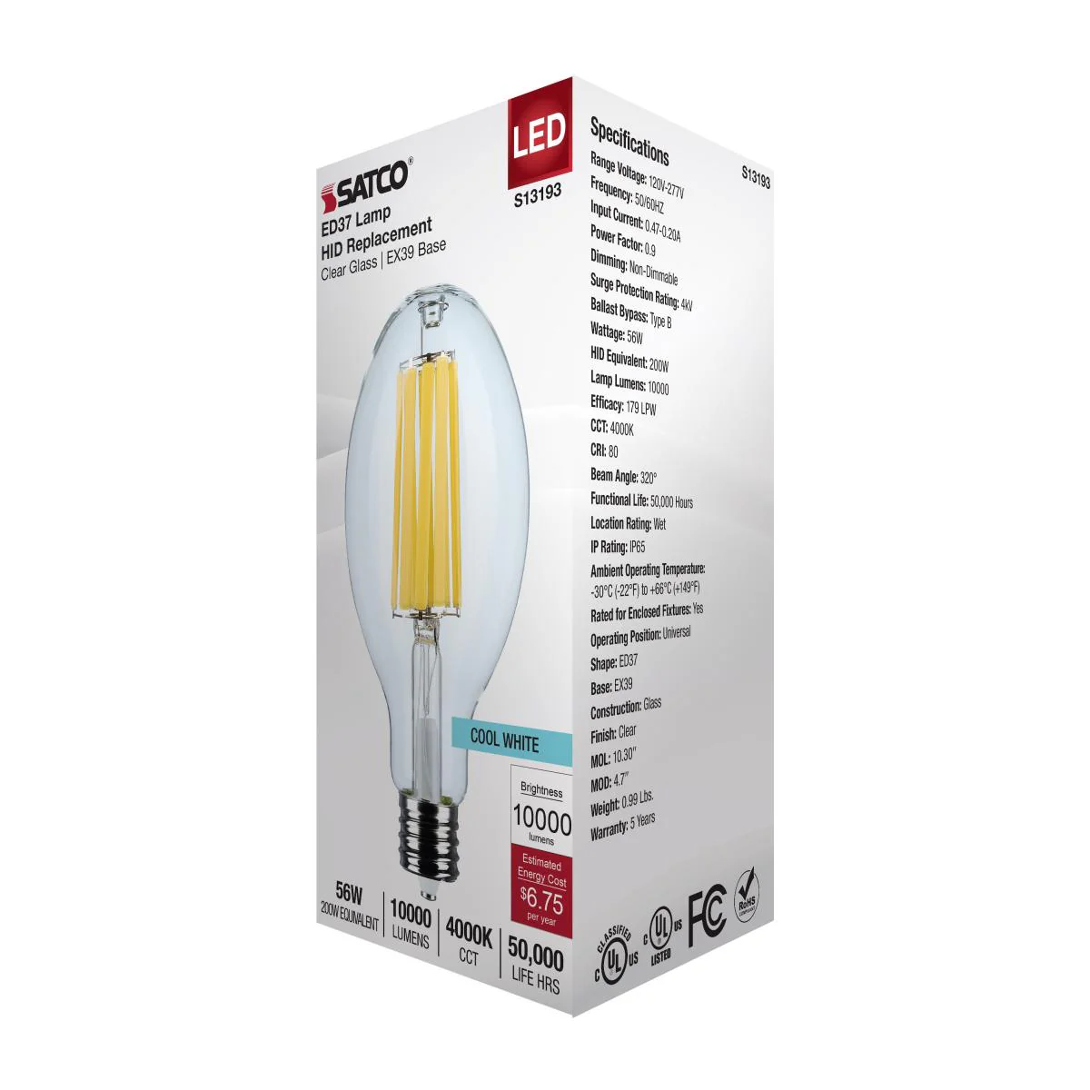 Satco 56w LED HID Replacement ED37 4000K EX39l Base 120-277v Clear Finish Bulb - Image 5