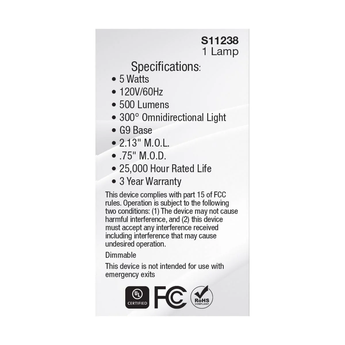 Satco 5W 120V JCD G9 LED 2700K Warm White 500Lm Light Bulb - 40w Equiv. - Image 4