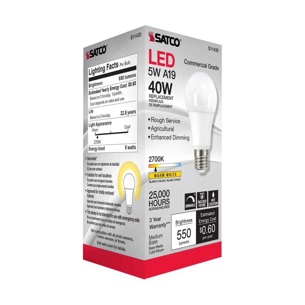 Satco 5w A19 LED Commercial Grade Agriculture Bulb 2700K 120v - 40w-equiv - Image 3
