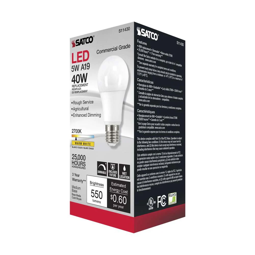 Satco 5w A19 LED Commercial Grade Agriculture Bulb 2700K 120v - 40w-equiv - Image 4