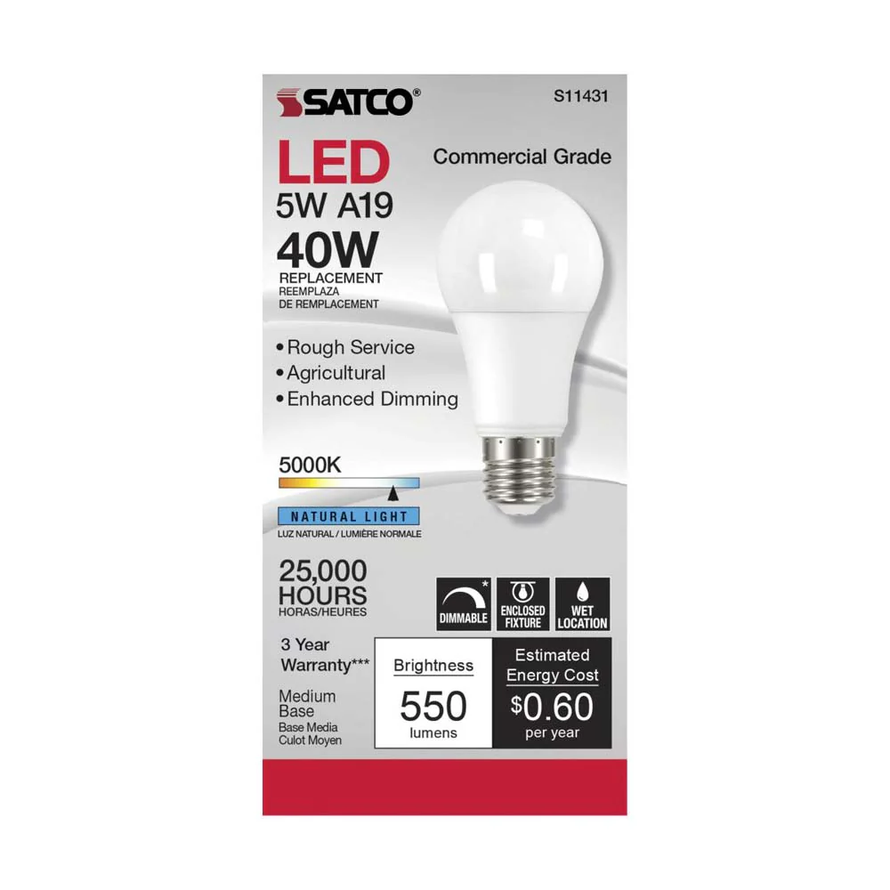 Satco 5w A19 LED Commercial Grade Agriculture Bulb 5000K 120v - 40w-equiv - Image 2