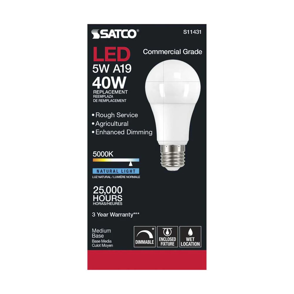 Satco 5w A19 LED Commercial Grade Agriculture Bulb 5000K 120v - 40w-equiv - Image 3