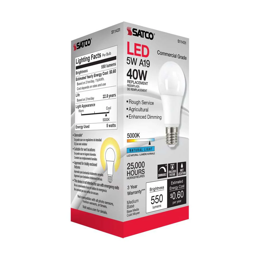 Satco 5w A19 LED Commercial Grade Agriculture Bulb 5000K 120v - 40w-equiv - Image 4