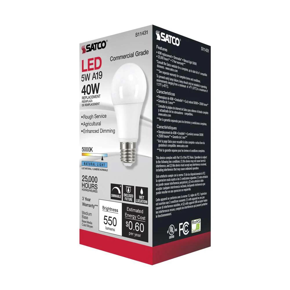 Satco 5w A19 LED Commercial Grade Agriculture Bulb 5000K 120v - 40w-equiv - Image 5