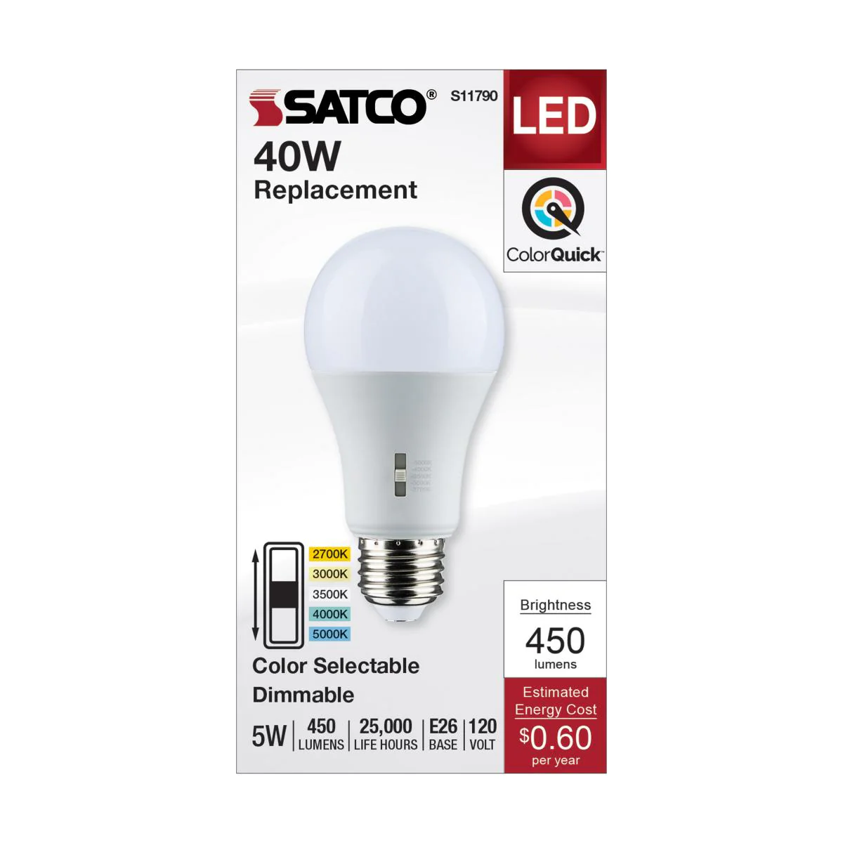 Satco 5w A19 LED Medium Base 120v CCT Selectable White Finish Bulb - Image 4