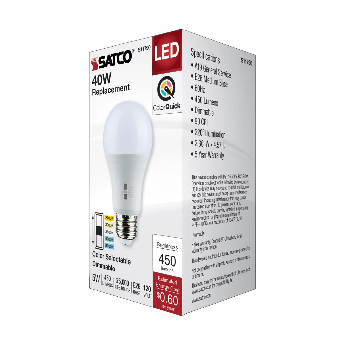 Satco 5w A19 LED Medium Base 120v CCT Selectable White Finish Bulb - Image 6