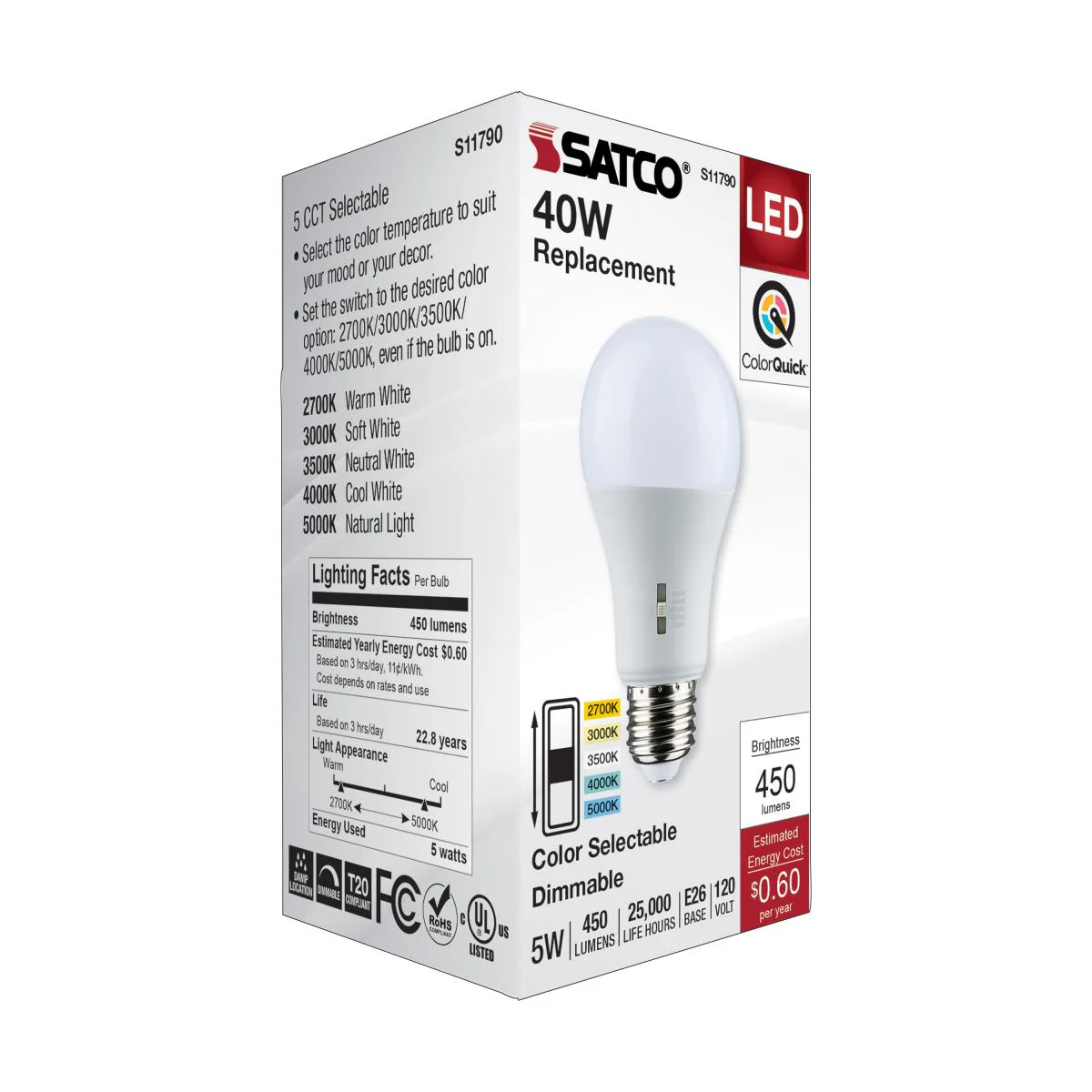 Satco 5w A19 LED Medium Base 120v CCT Selectable White Finish Bulb - Image 7
